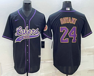 Mens Los Angeles Lakers #24 Kobe Bryant Black With Patch Cool Base Stitched Baseball Jersey->->NBA Jersey
